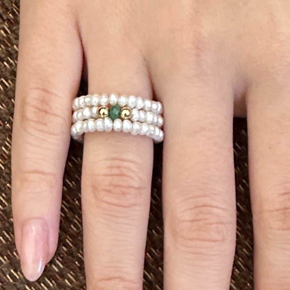 Emerald Gem freshwater Pearls real Gold Triple Band Ring with Green Accent